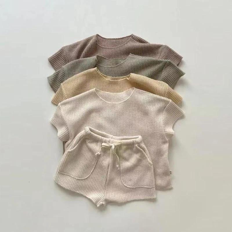Two piece summer loose knit short sleeved home clothing solid color soft brushed lounge baby knit set 250304