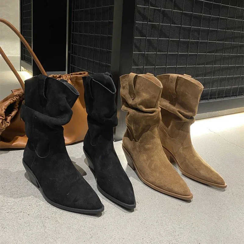 Fion Vintage e Boots Korean Chunky Heel Sle Wern Pleated Doc Suede Ankle Boots Designer Pleated Boots Shoes Z250304
