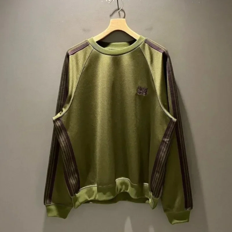25ss Butterfly Embroidery Sweatshirts Men Women 1 High Quality Striped Olive Green Crewneck Casual Pullovers Inside Tags 250304