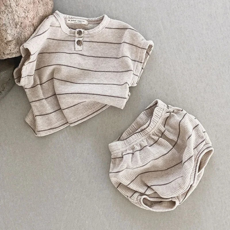 Summer Baby Clothing Set Infant Girls Striped Tee and Bloomer 2PCS Toddler Boys Short Sleeved Top Suit 250304