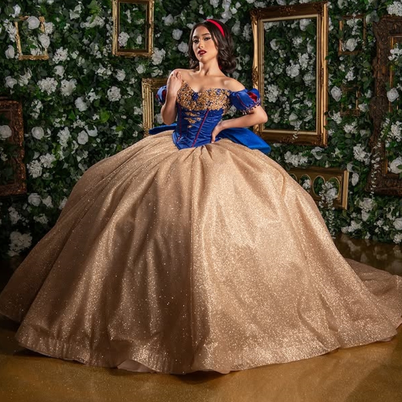 Gold Shiny Quinceanera Dresses Ball Gown Off Shoulder Applique Lace Beads Tull Corset Sweet 16 Dress Vestidos 15 De Anos