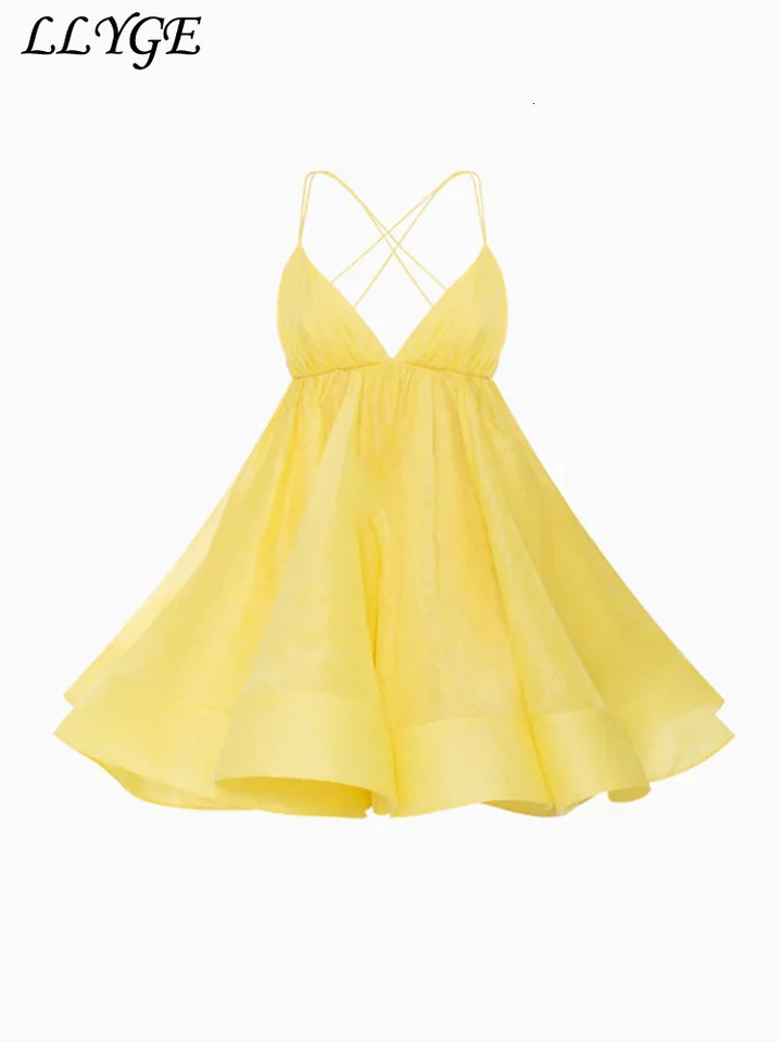 Beach Backless Short Puffy Sling Dress Women Sexy Lace Up Sleeveless A-line Dresses 2025 Summer Lady Vacation Seaside Solid Robe 250303