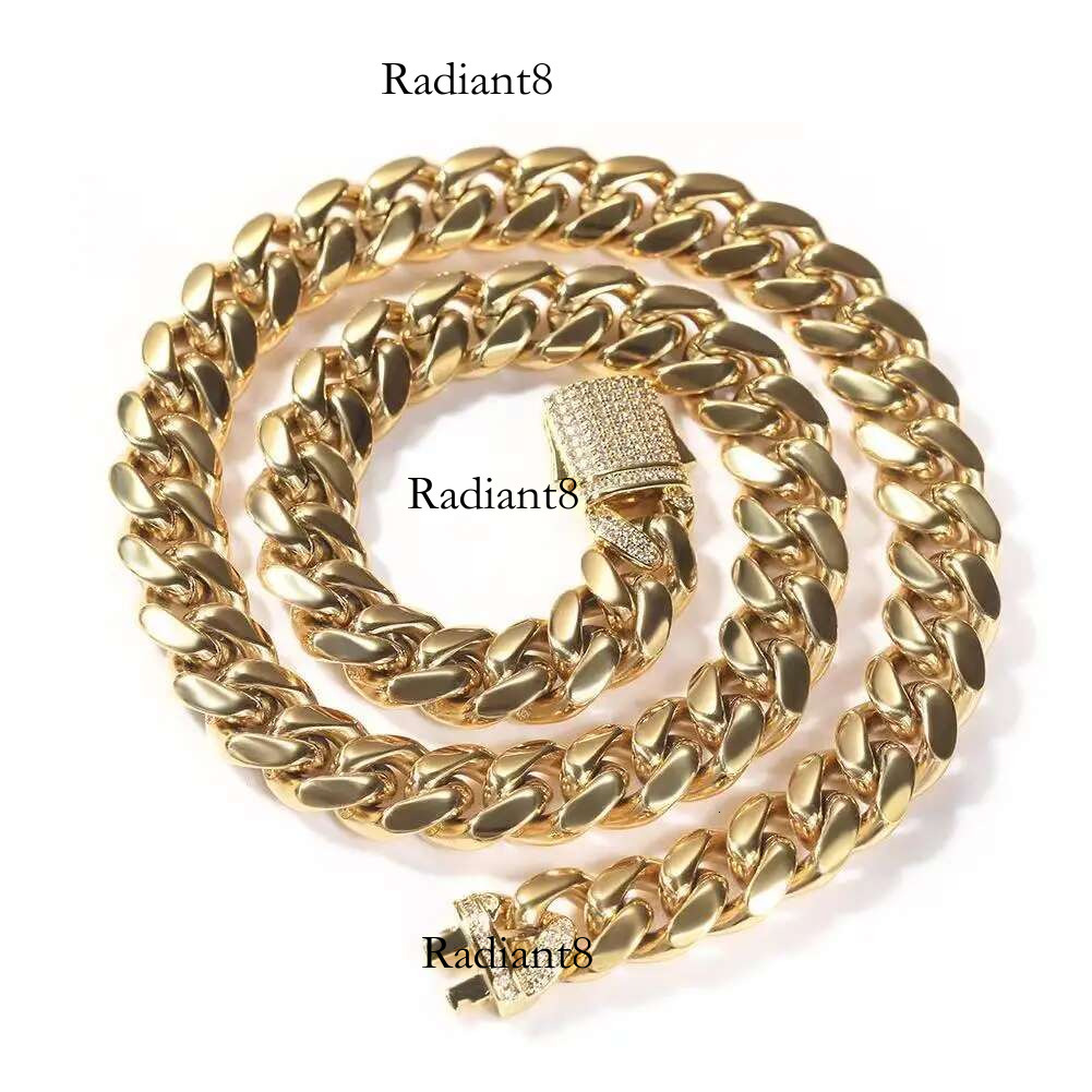 Stainless steel Cuban chain hip-hop men's trendy zircon spring buckle bracelet exaggerated thick necklace