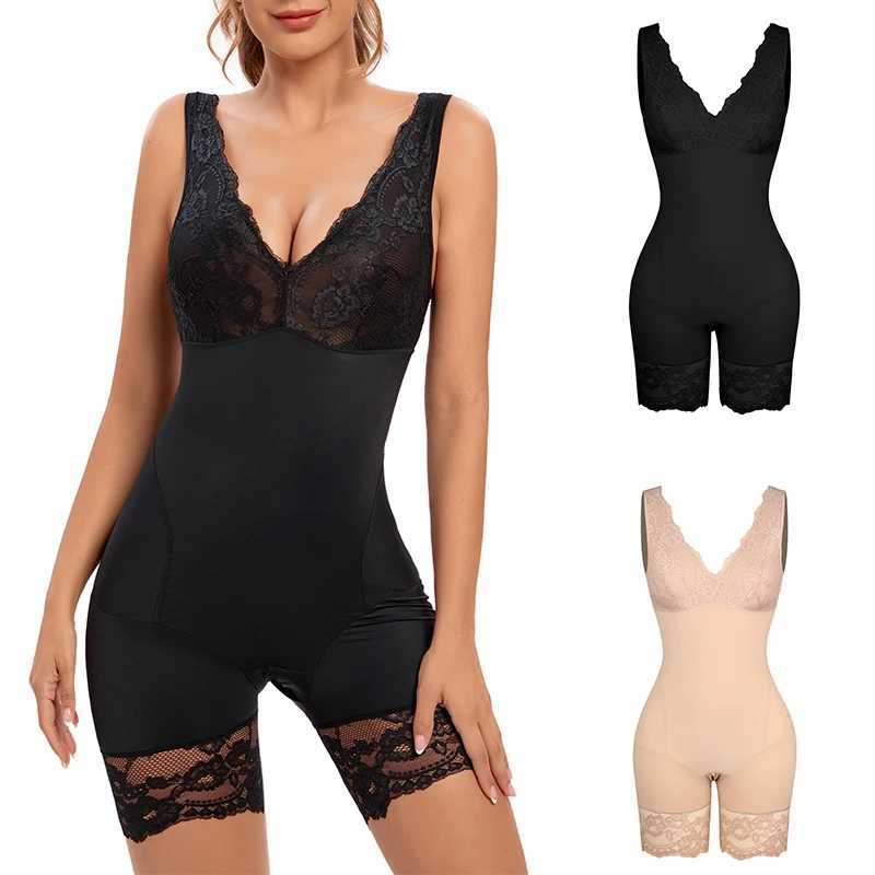 Womens Full Body Shapewear Sexy V Neck Bodysuit Slimming Belly Lace Patchwork Underwear Waist Trainer Modeling Strap CorsetXJ250304