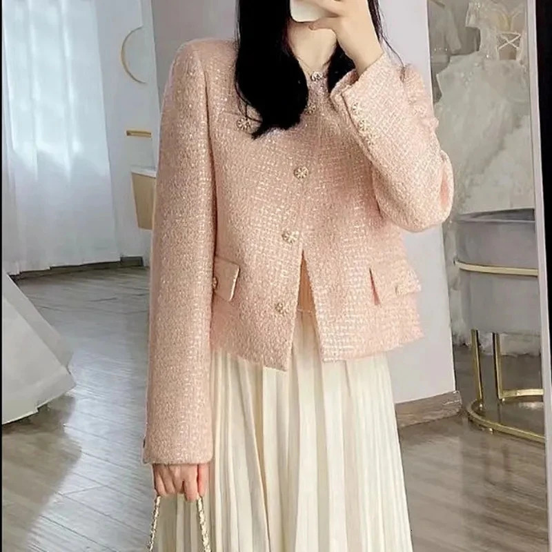 2023 Short TopGrade Tweed Jacket Women Autumn Korean Lady Coat Fashion Slim Long Sleeve Casual Female Outwear Tops 250225
