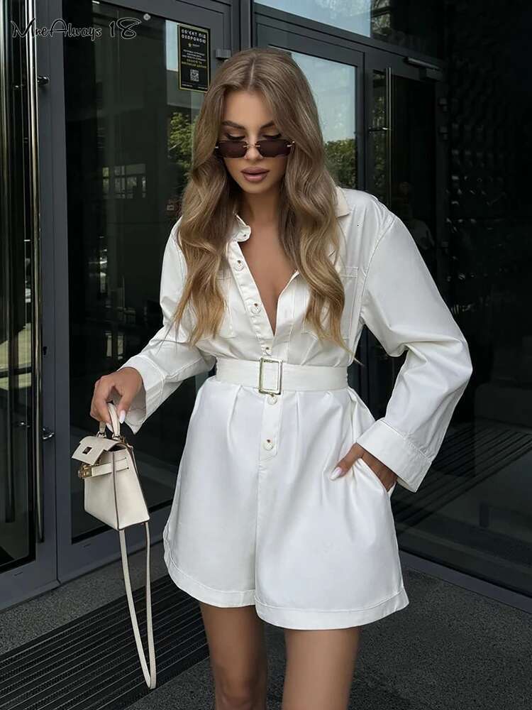 Elegant White Rompers With Belt Long Sleeves One-Piece Ladies Office Pockets 2024 Shirts Shorts Jumpsuits Woman Fall