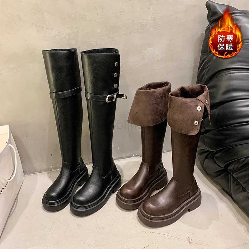 Over The Knee Square Heel Modern Boots Zipper Solid Round Toe Shoes Fem 2024 High Quality High Heel Punk Wens Boots Z250304