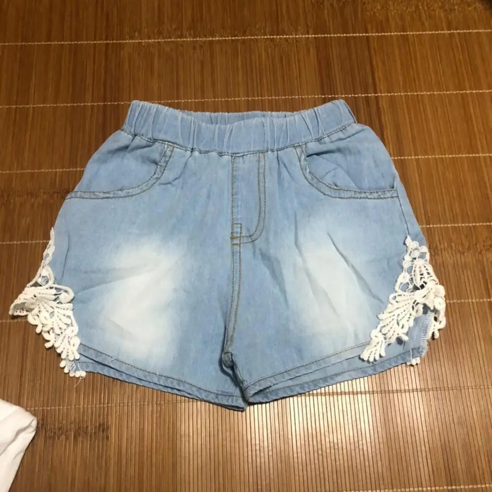 Summer Fashion 2 3 4 6 8 10 12 Years Children Cotton Baby Lace Edges Patchwork Jeans Kids Girls Denim Blue Shorts 250304