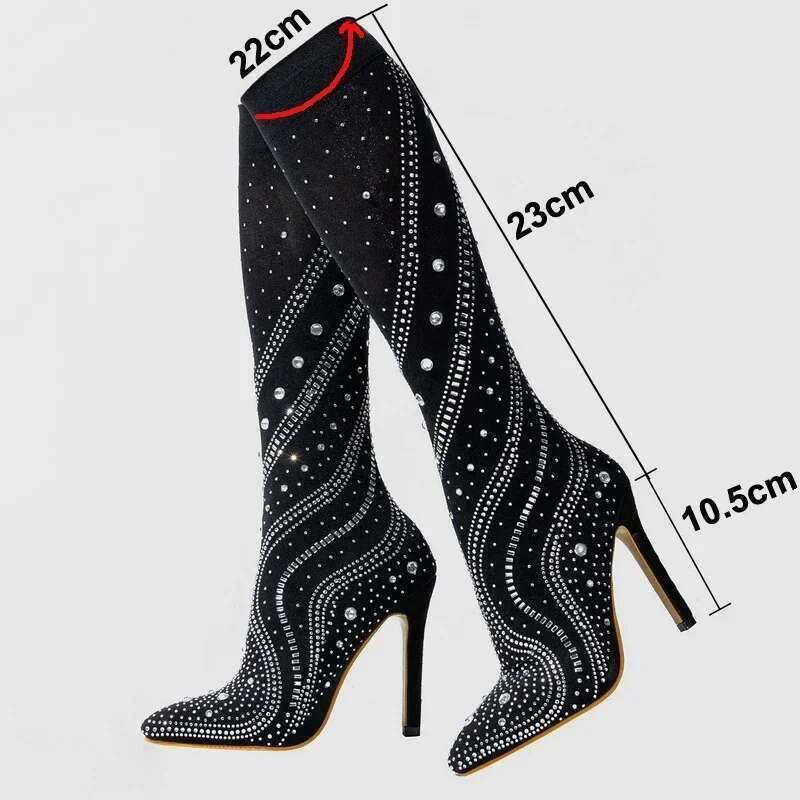 Fabric Women Stretch High Thin Heel Rhie Mid-calf Boots for Office Nightclub Evening Party Wedding Banquet Botas