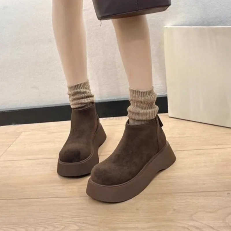 Wens Thick Soled Cotton Shoes Winter New Round Suede Back Zipper Anti-slip Wear-resistant Short Boots Z250304