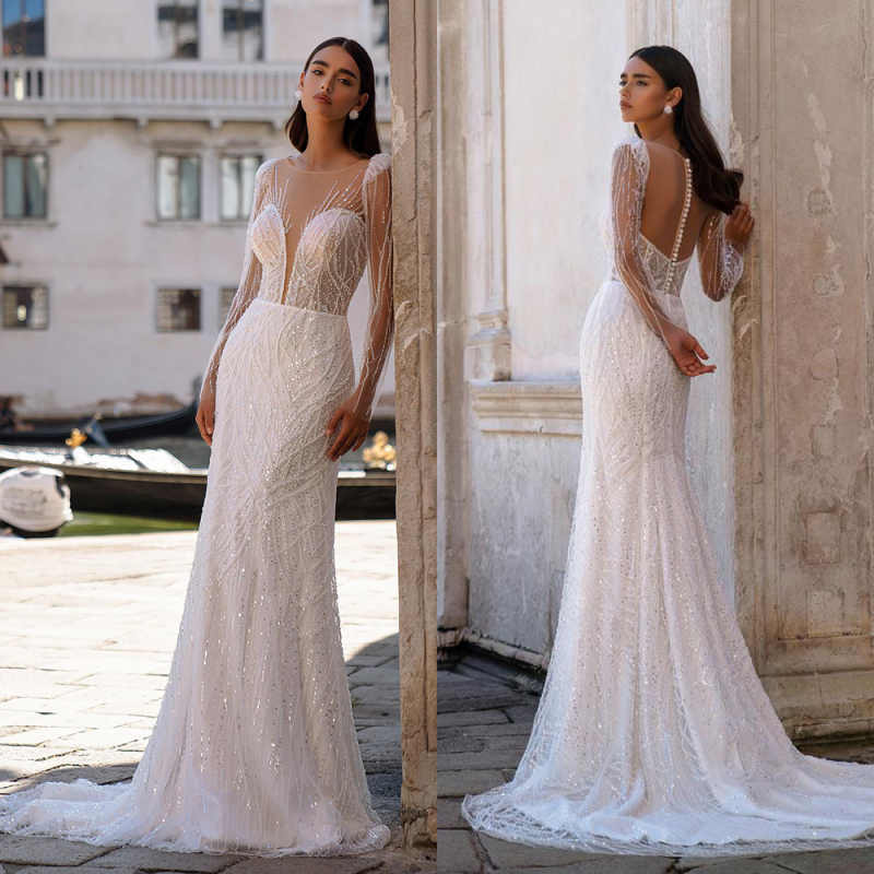 Summer Boho Wedding Sparkly Sequined Mermaid Bridal Gowns Sexy Illusion Back Bride Dress Customized