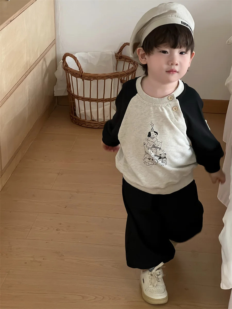 Spring Baby Long Sleeve Clothes Set Boys Cartoon Print Sweatshirt Loose Pants 2pcs Suit Infant Casual Sports Outfits 250304