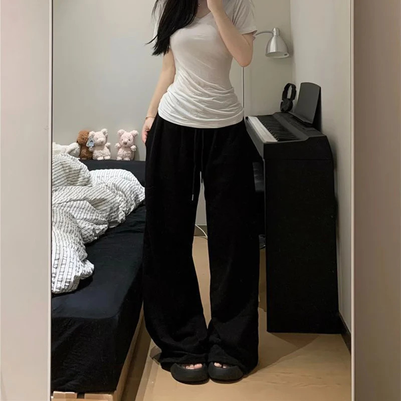 R Harajuku Wide Leg Sweatpants for Women Elastic Waist Casual Sport Pants Woman Streetwear Gray Oversize Sportswear Female 250303