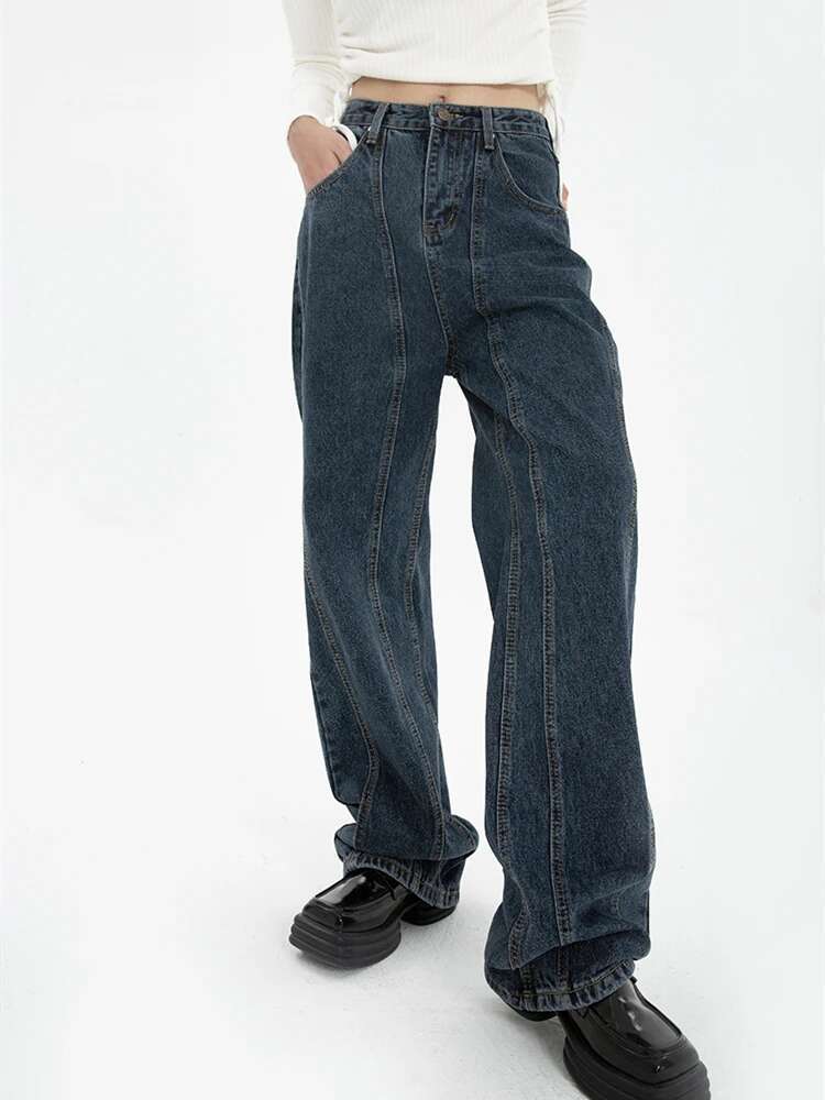Dark Blue Womens Jeans High Waist Vintage Straight Baggy Pants Streetwear American Style Fashion Wide Leg Denim Trouser