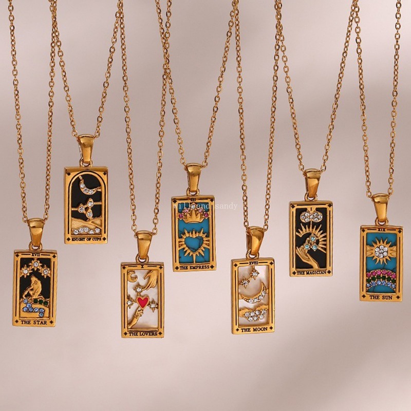 Non Tarnish Stainless Steel Square Tarot Card Pendant Necklace 18k Gold Chain Charm Sun Moon Crown Necklaces Women Girls Fashion Fine Jewelry