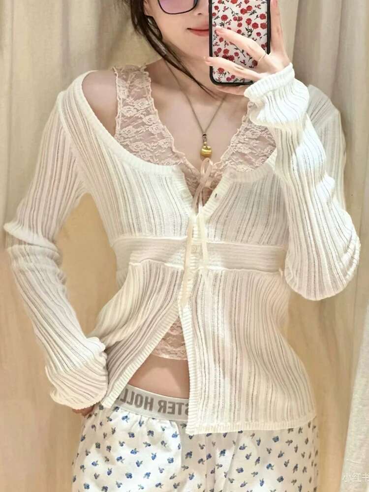 Women's Hollow-Out Slim Long-Sleeve T-Shirt Spring Round Neck Single-Breasted Design Solid Simple Sweet Knit Y2k Style Top