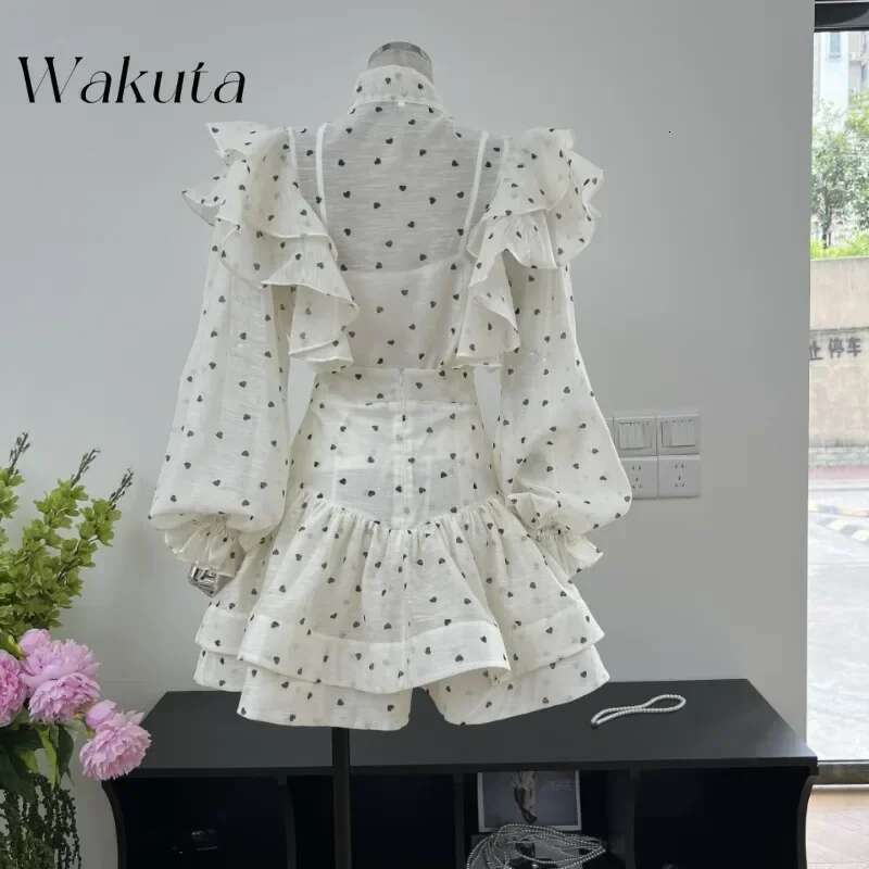 WAKUTA French Spring Ruffled Bow Heart-Shaped Printed Shirt Fashion High Waisted Short Skirt 2-Piece Set Female Clothing