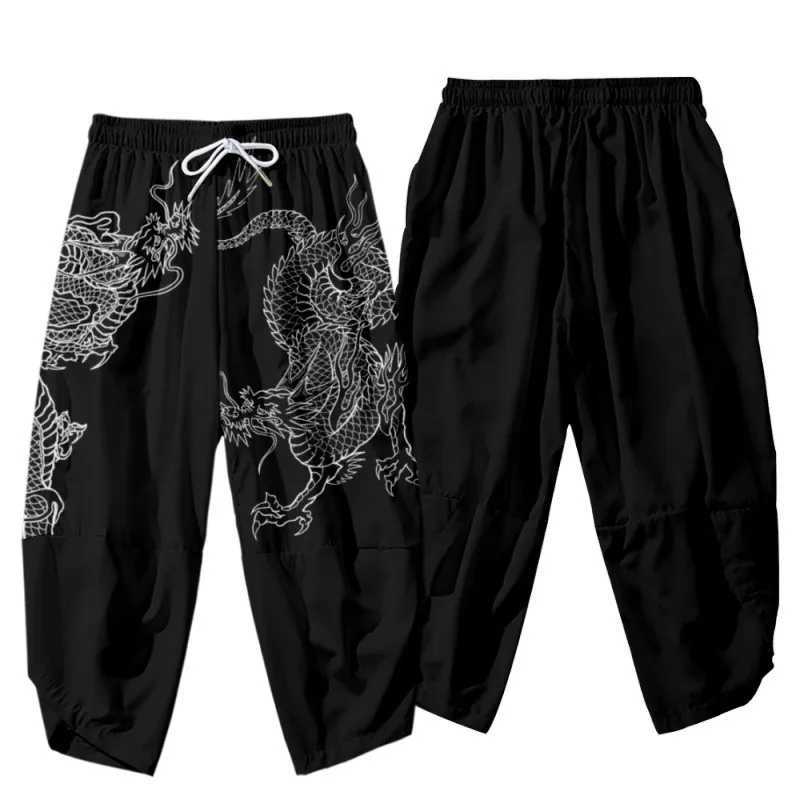 Cartoon Chinese Dragon Printed Black Men Japanese Harem Trousers Casual Elastic Waist Kimono Cropped Pants StreetwearXJ250303