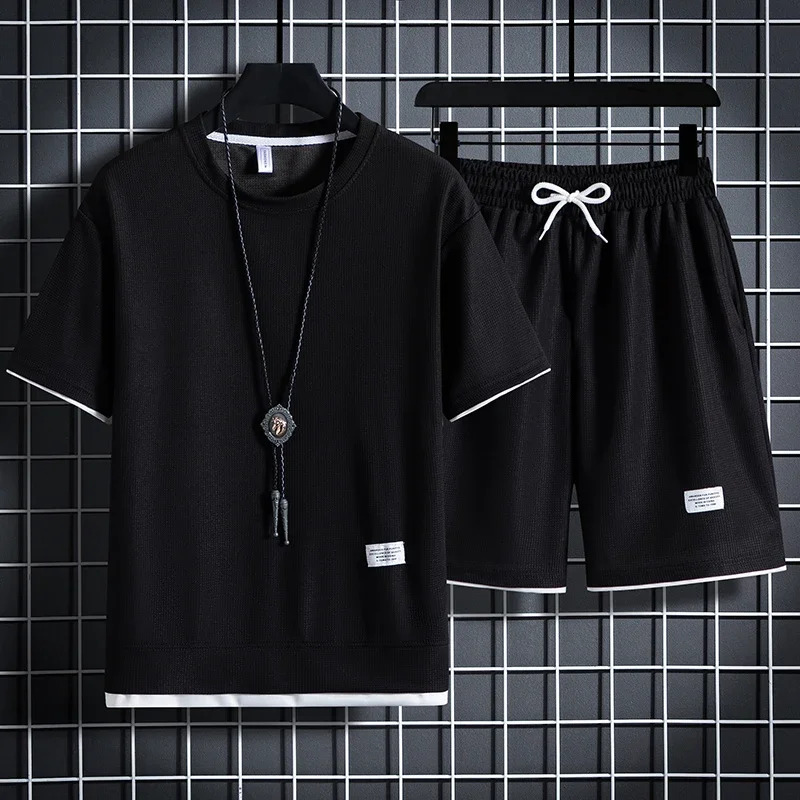 Mens Waffle Summer Suit Casual T-shirt Shorts Suit Mens Tracksuit Solid color tracksuit loose suit 250304