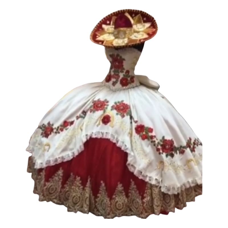 White And Red Charro Quinceanera Dress Embroidery Floral Gold Lace Appliques Ball Gown Princess Sweet 16 Dresses Back Bow Lace-Up Boutique Special Occ