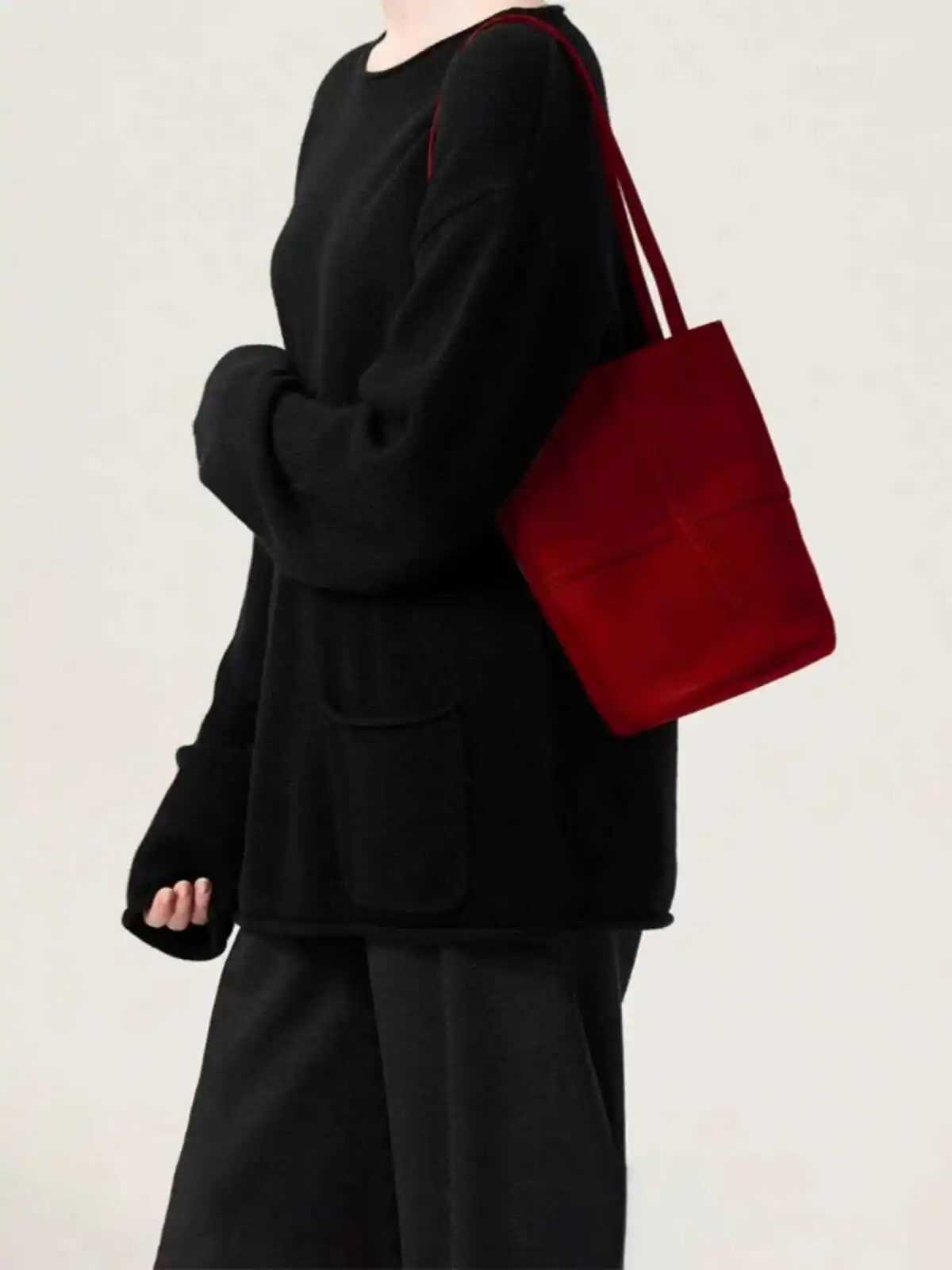 Red Shoulder Bag For Women 2024 Autumn New Suede Versatile Crossbody Purse Commuter Casual Large Capacity Bucket Bags Z250303
