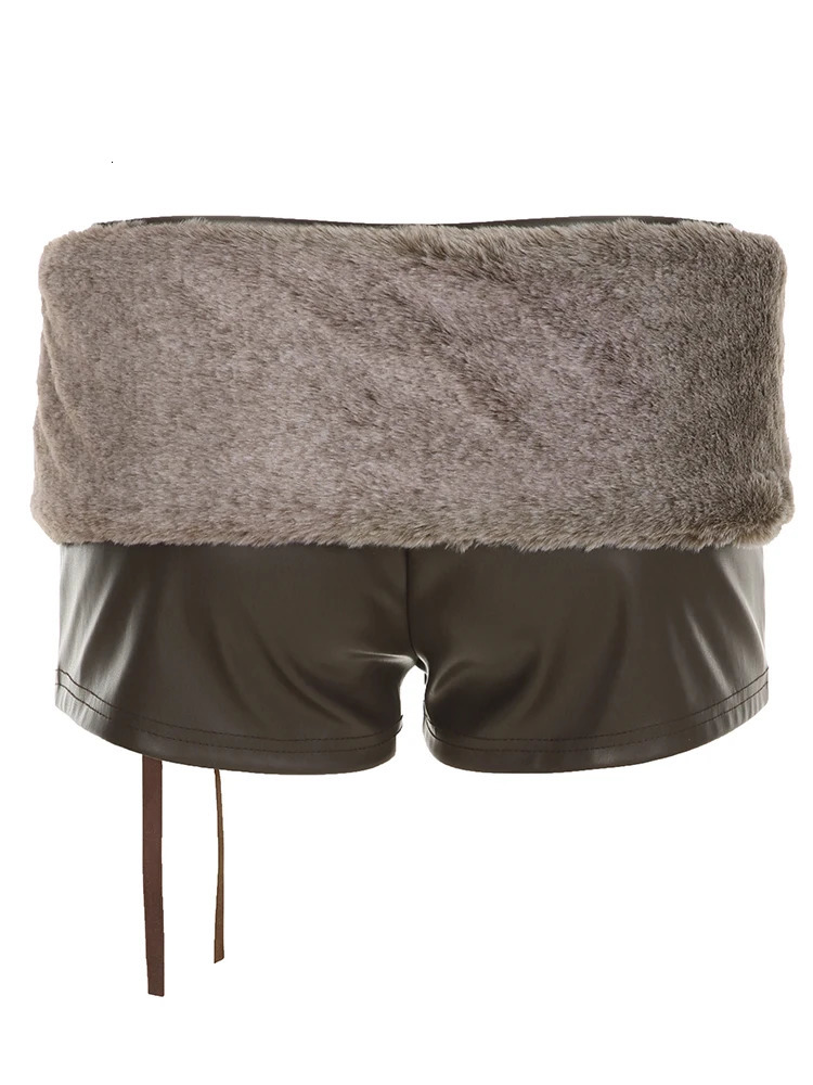 Cuteandpsycho Low Waisted Mini Leather Shorts Vintage Chic Furry Belts Casual Y2K Aesthetic Fashion Elastic Waist Bottoms 250303