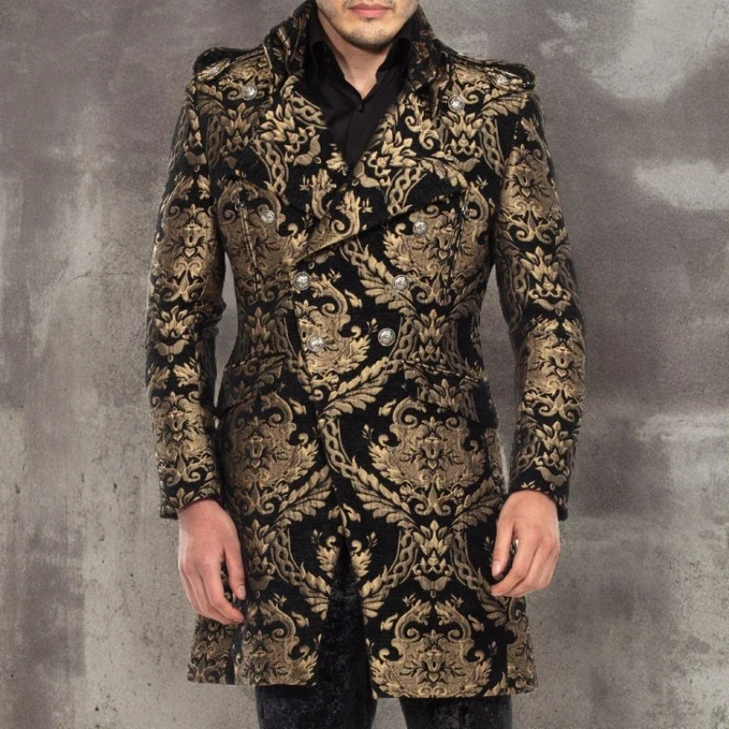 Long Floral Suit Jacket for Men Notch Lapel Double Breasted Jacquard Male Blazer Fashion Coat 2024 Custom Made 250304