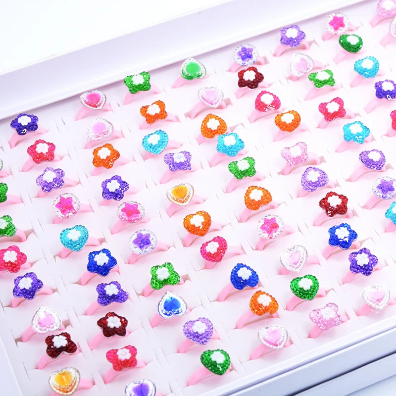 Wholesale 100pc/box Mix Cartoon Animal Mermaid Daisy Gem ring Kids Girl Rings Child Birthday Party Gifts adjustable size 250304