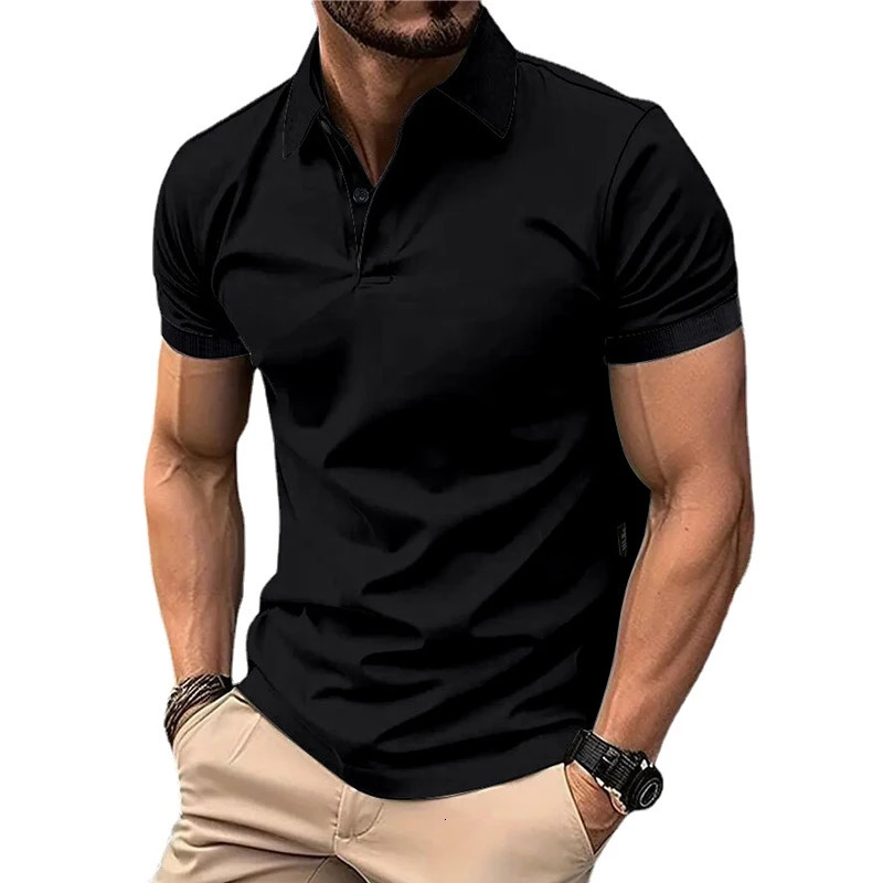Summer Mens Solid Color Polo Shirt Short Sleeve Lapel Button Tshirts for Men Casual Streetwear Lightweight Jogging Tops 250304