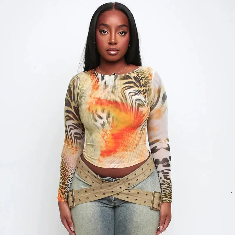 ANJAMANOR Fashion Vintage Print Mesh Shirt Long Sleeve Top Women Clothing Sexy Transparent Cropped Tees D85-AG10 250303