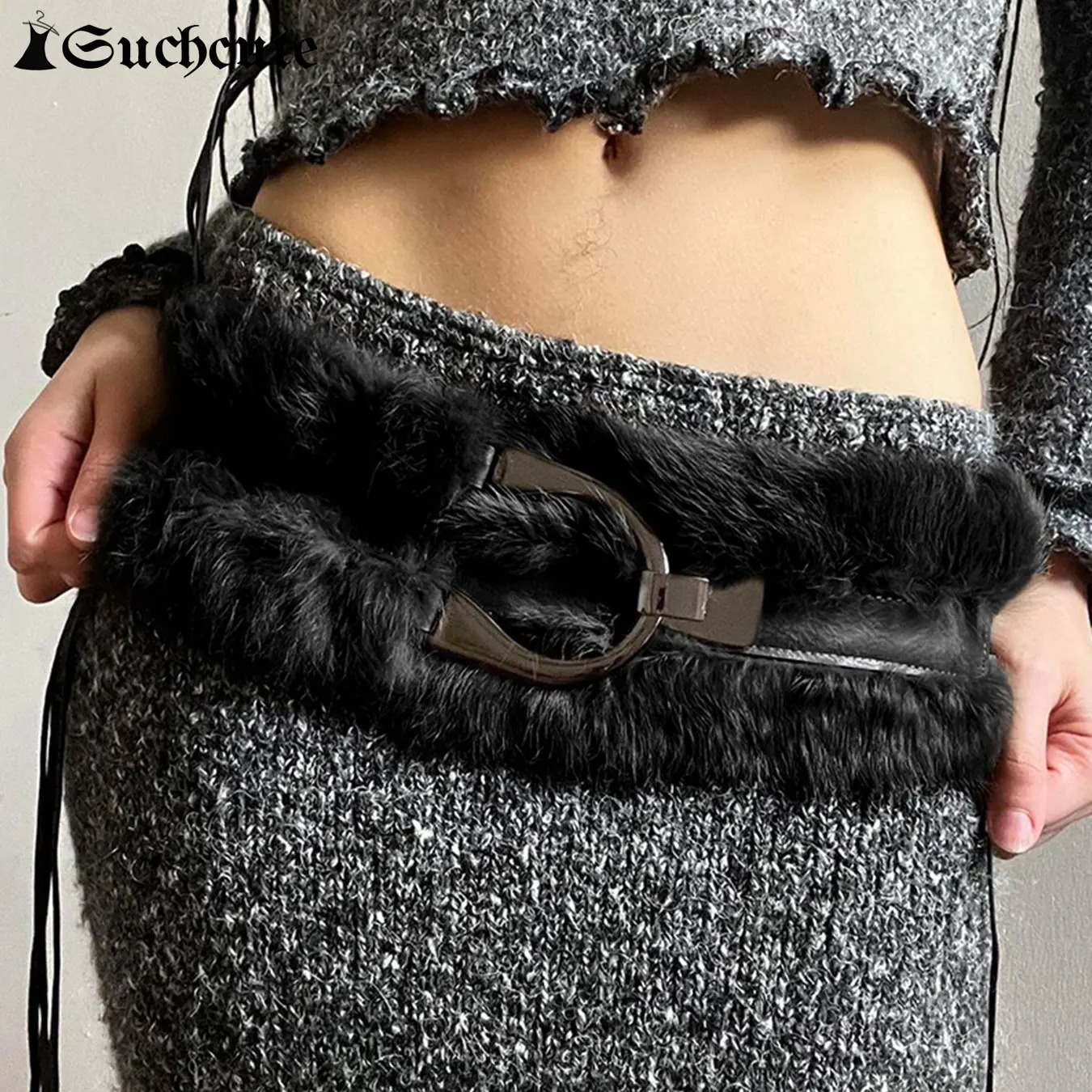 SUCHCUTE Faux Fur Patchwork Pu Leather Belt Vintage 2000s Fashion Accessories Womens Outdoor Skirts Decorative Winter Waistband 250227