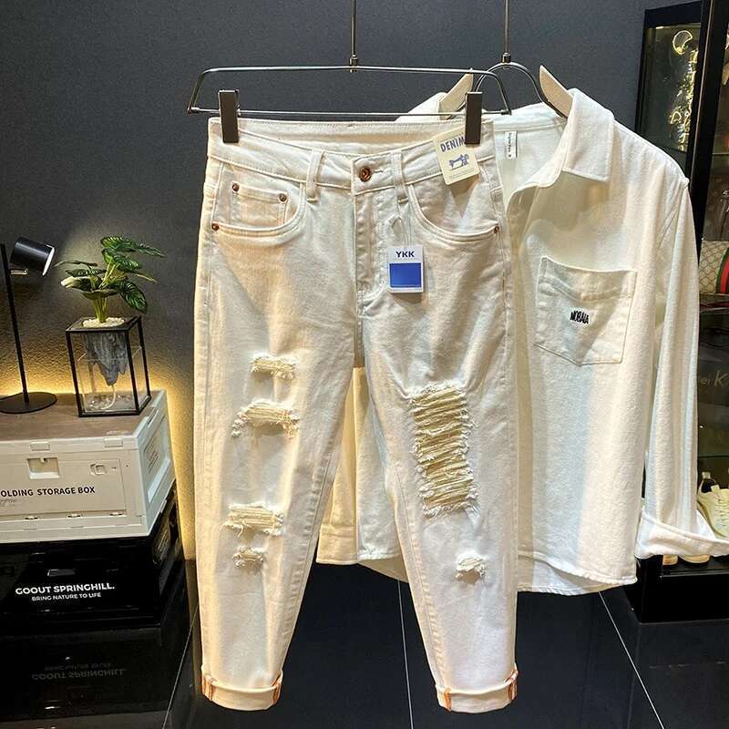 White Jeans Men's Autumn Affordable Fashion Pencil Casual Stretch Slim Fit Skinny Simple Solid Color Pants
