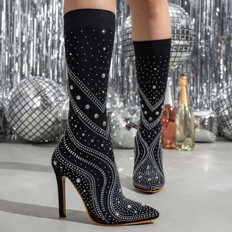 Fabric Women Stretch High Thin Heel Rhie Mid-calf Boots for Office Nightclub Evening Party Wedding Banquet Botas