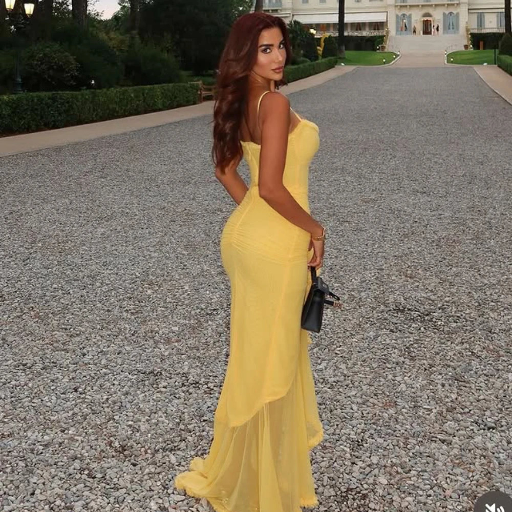 Mingmingxi Summer Birthday Party Dresses Irregular Ruffle Elegant Mesh Dress Yellow Long Dresses for Women 250303