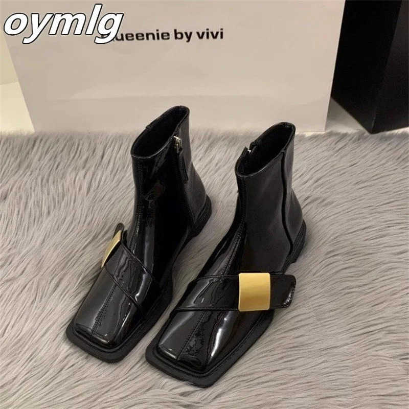 Flat botted square toe black boots wens shoes 2024 new autumn and winter short boots Z250304