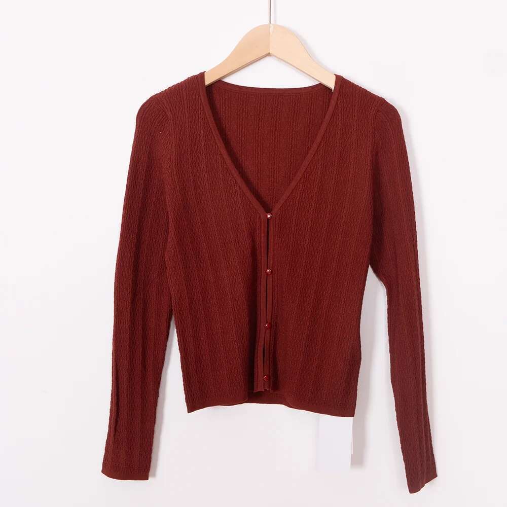 Solid Knit Women Short Style T-Shirt V-Neck Long Sleeve Slim Fit Button Lady Cardigan Casual Vintage Femme Top 2025