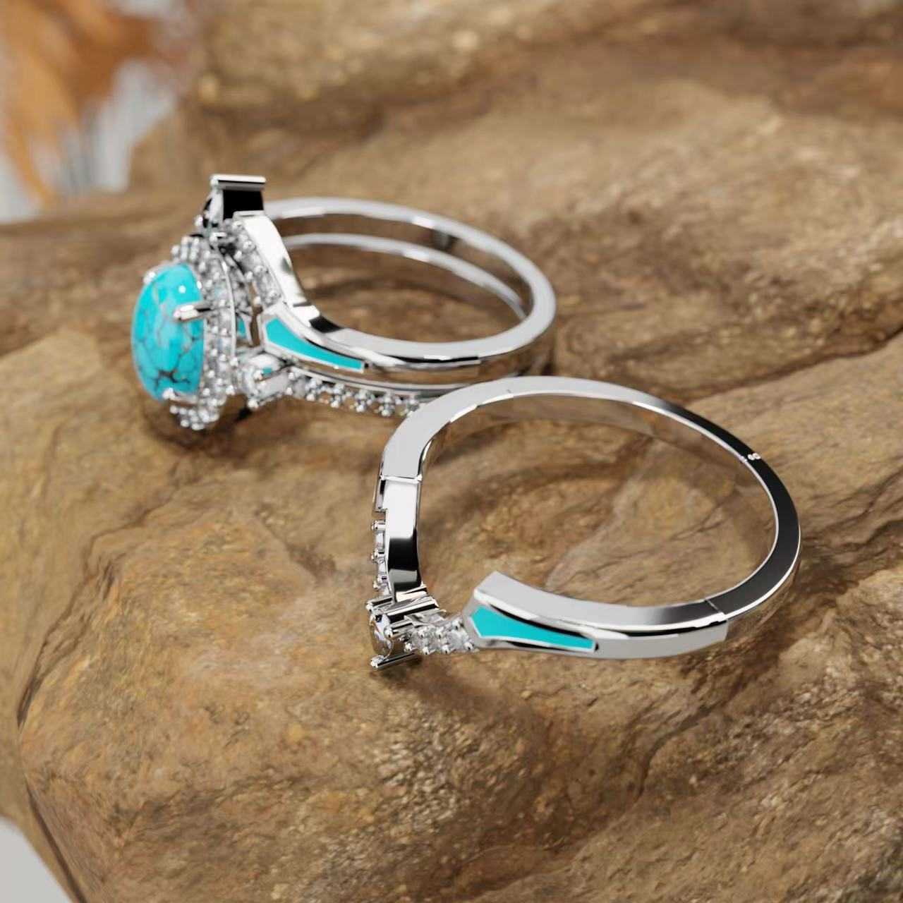 Couple Rings Sanjie New Product Fashion Diamond Set Blue Turquoise Three Piece Ring Set H25303