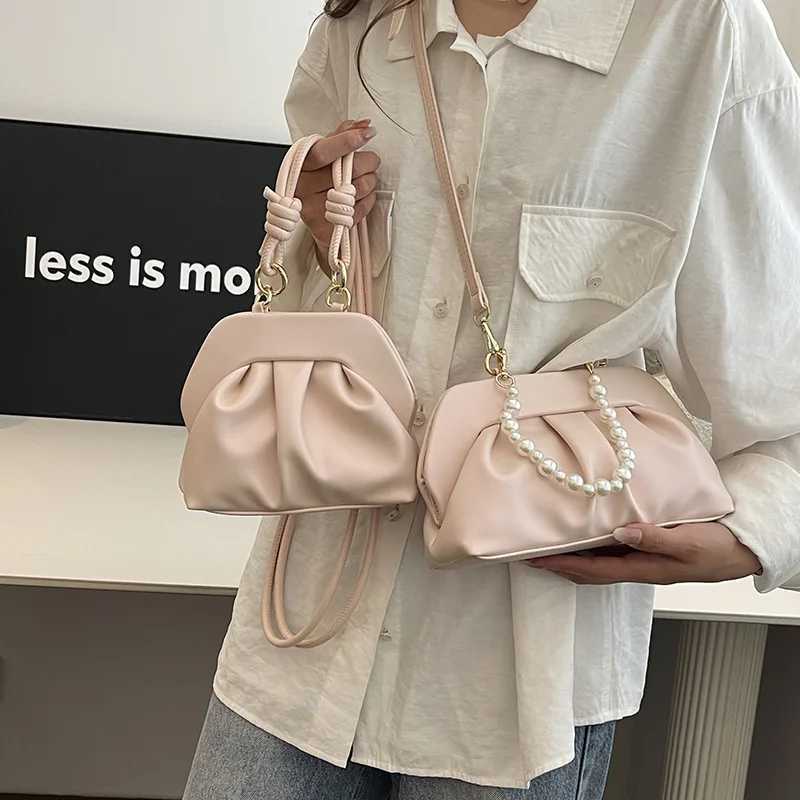 Luxury Women Brand PU Leather Pleated Crossbody Bag Casual Beading Pearl Cloud Shell Messenger Bag Y250303