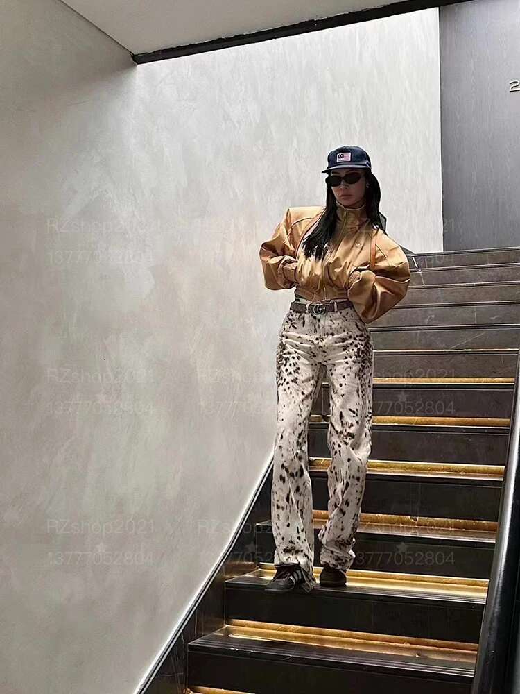 Baggy Wide Leg Women Waisted Retro Leopard Print Straight Jeans High Street Streetwear Y2k Vintage Denim Trousers