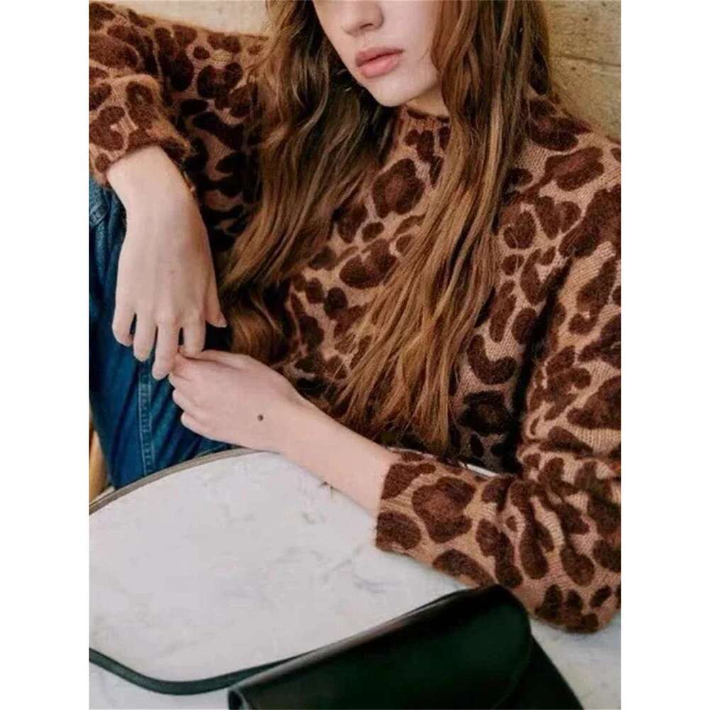 Women Leopard Jacquard Knit Sweater All-Match Spring 2025 New Ladies O-Neck Long Sleeve Loose Casual Pullover Tops