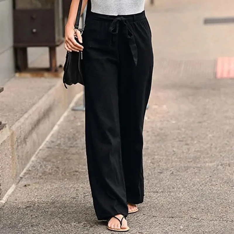 Women Solid Long Pants Women Casual Loose Cotton Linen Lace Up Elastic Waist Wide Leg Trousers Ladies Streetwear Straight Pants 250303