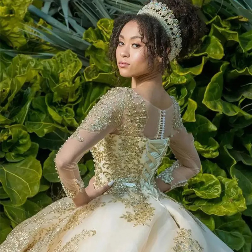 Sweet 16 Gold Lace Quinceanera Dresses Pearls Ball Gown vestidos para 15 vestido de xv anos Glitter Sequined Birthday Prom Gown