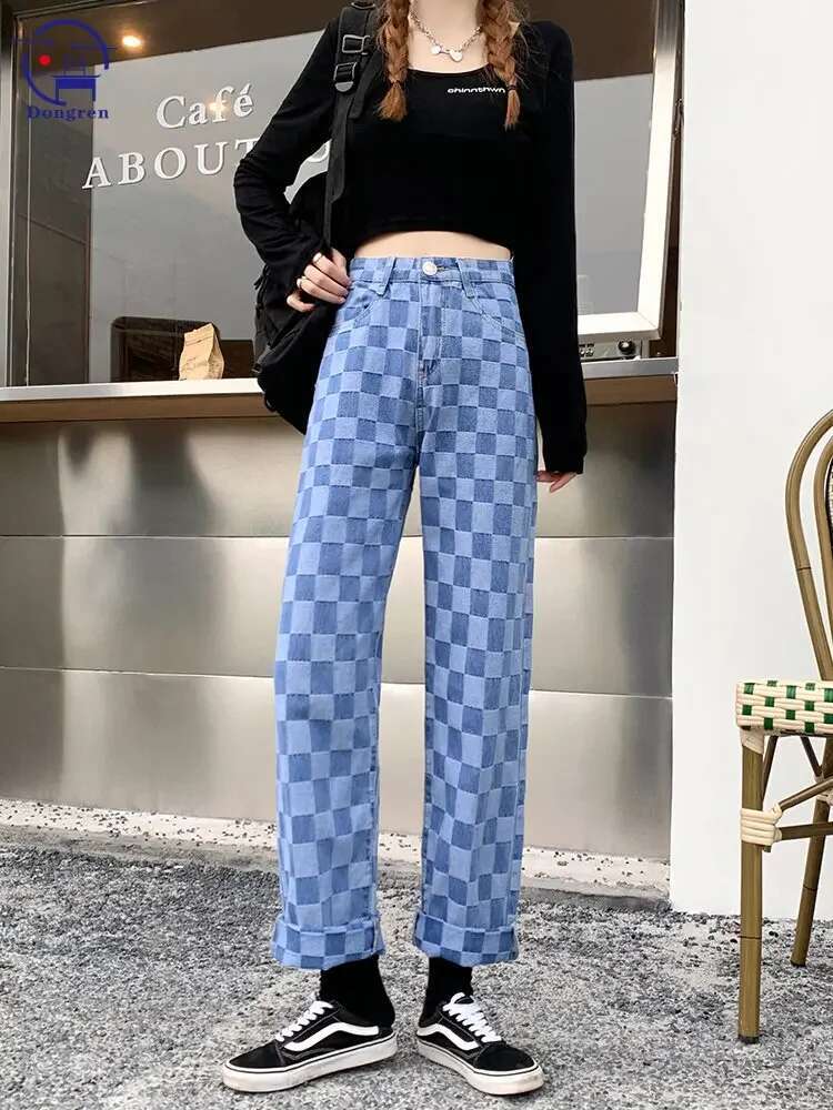 New Vintage Plaid Blue Women's Street High Waist Slim Loose Straight Wide Leg Casual Denim Pants Women Jeans
