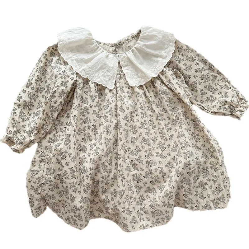 7373 Childrens Dress Autumn Girl Flower Embroidered Lace Collar Cotton Casual 250303