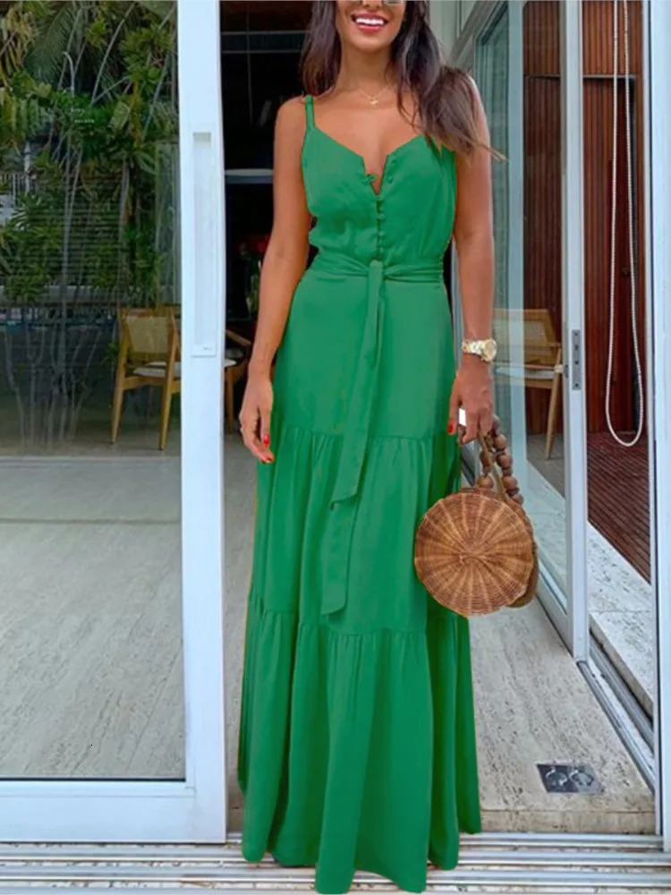 Womens Summer Spaghetti Strap Long Dress Bohemian Style Sleeveless V-neck Elegant Lady Dresses Casual Maxi Beach Party Vestidos 250303 C260312