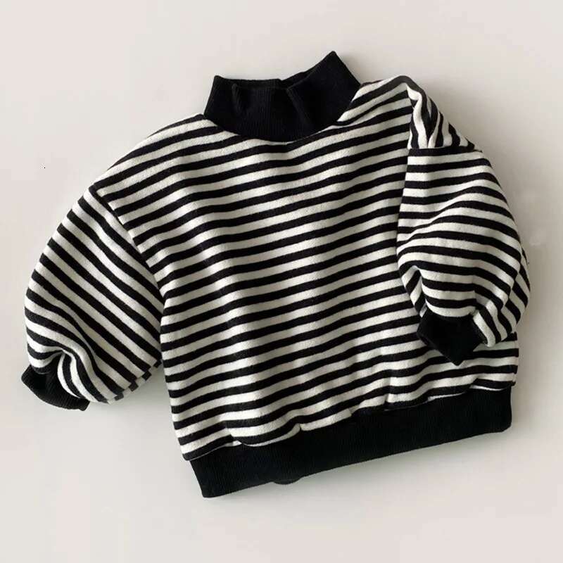 2025 Winter New Baby Striped Plus Veet Thicken Kids Warm Hoodie Loose Boys Casual Sweatshirt Fashion Girls Tops