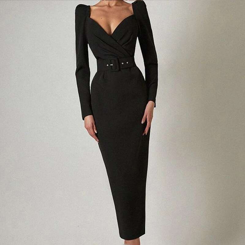 Elegant Square Collar Commuting With Belt Chic Banquet Party Women Long Sleeve Solid Formal Ocn Midi Dress