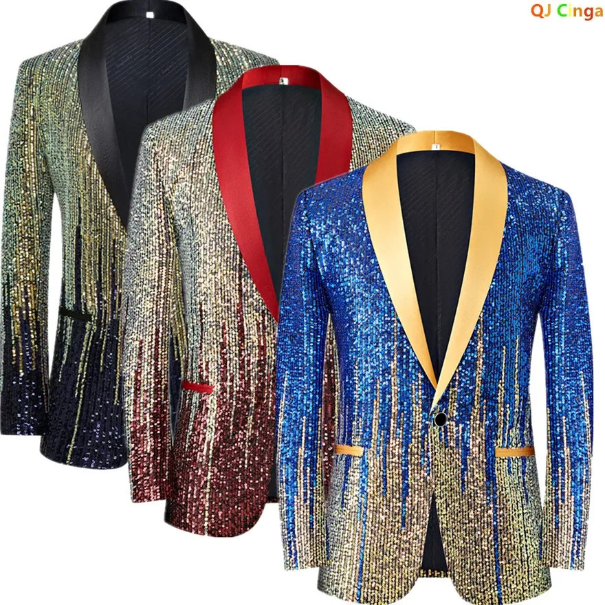 Blue and Gold Sequins Decoration Mens Blazer Wedding Party Dress Coats Fashion Stage Performance Jackets Asian Size M5XL 250304