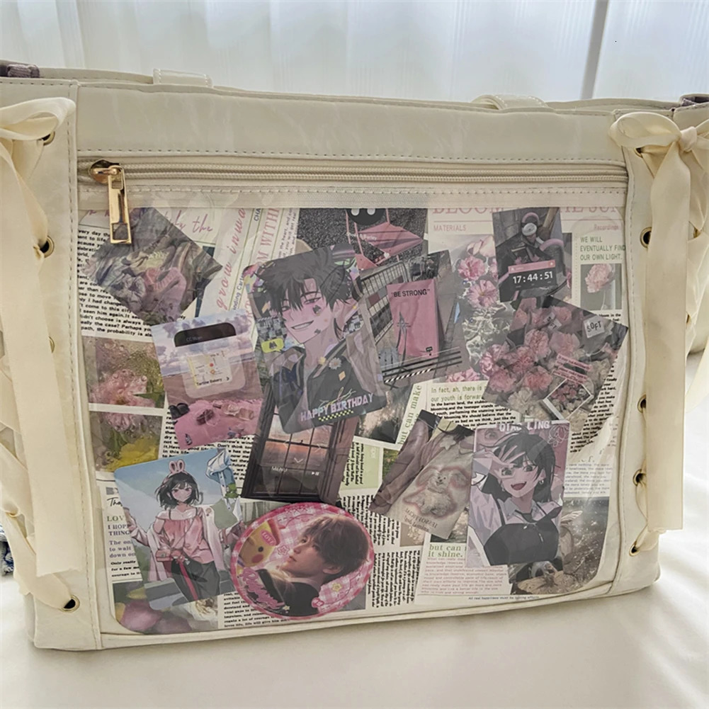 Women PU Leather Tote Bag Bow Ribbon Shoulder Bag Transparent Hobo Bag Large Capacity Travel Shopping Bag 250305