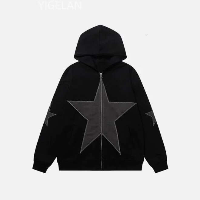 Street oversized loose fitting women's pentagonal star patch embroidered printed hoodie personality zipper sweater men's jacket